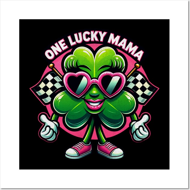 On Lucky Mama Funny Cute Shamrock Cool Sunglasses Racing Checkered Flag St Patrick's Day Irish St Paddy's Day Wall Art by Carantined Chao$